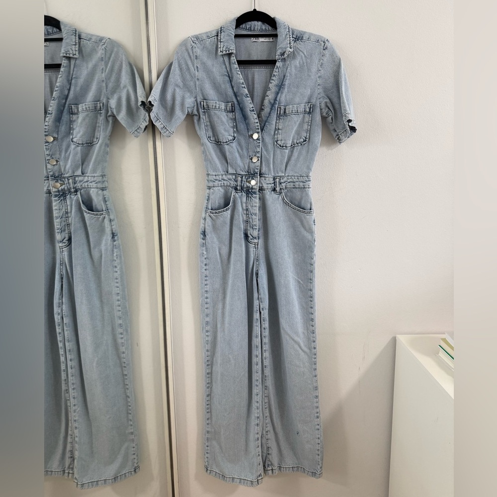 Zara Blue Denim Overalls with Distressed Detailing